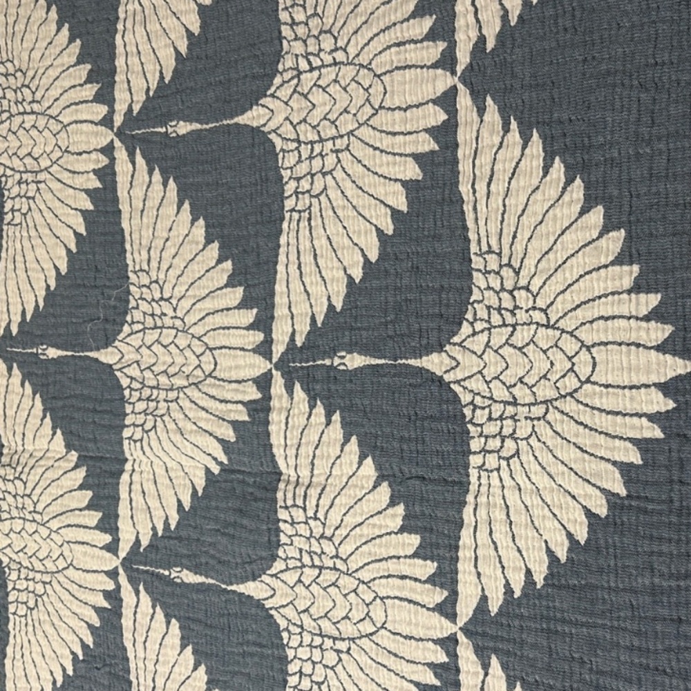 Birds in Flight Cranes Throw Blanket Teal Green Ecru White Woven 55x77